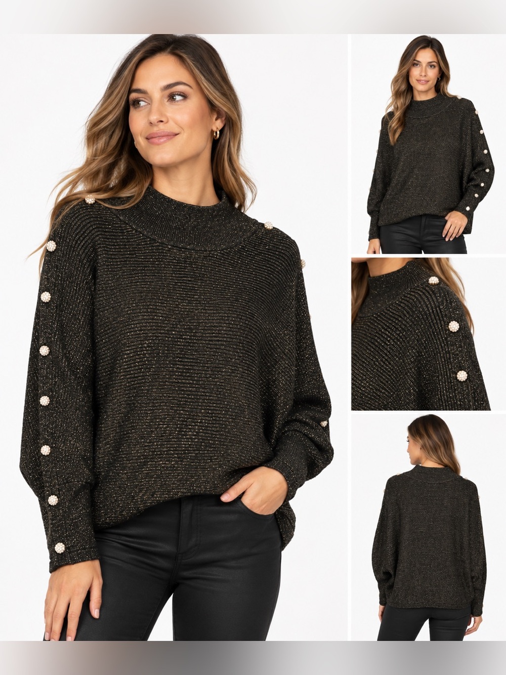 Tahari Women’s XL Black Gold Metallic Sweater Jeweled Button Sleeve NWT $78